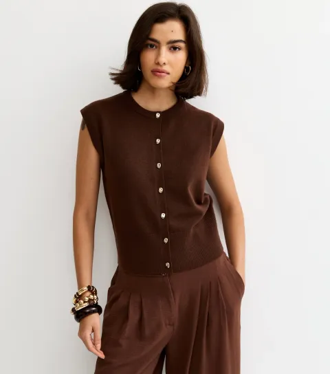 Women's Dark Brown Knit Abstract Button Waistcoat