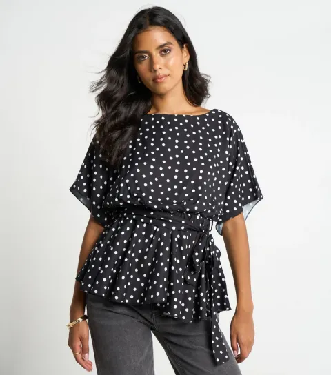 ARCH Women's Black Polka Dot Peplum Batwing Top