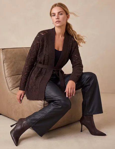 Roman Pointelle Belted Cardigan Chocolate