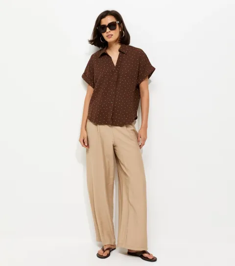 Women's Brown Spot Print Short Sleeve Shirt