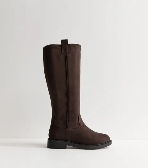 Women's Wide Fit Dark Brown Faux Suede Flat Riding Boots Vegan