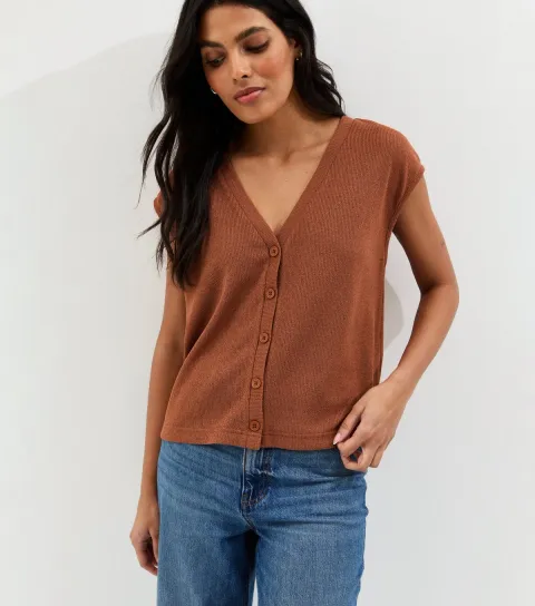 New Look Women's Tan Soft Touch Button Up V-Neck Top