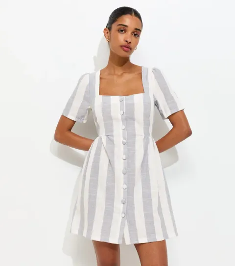 Women's Blue Sailor Stripe Square Neck Button Up Mini Dress