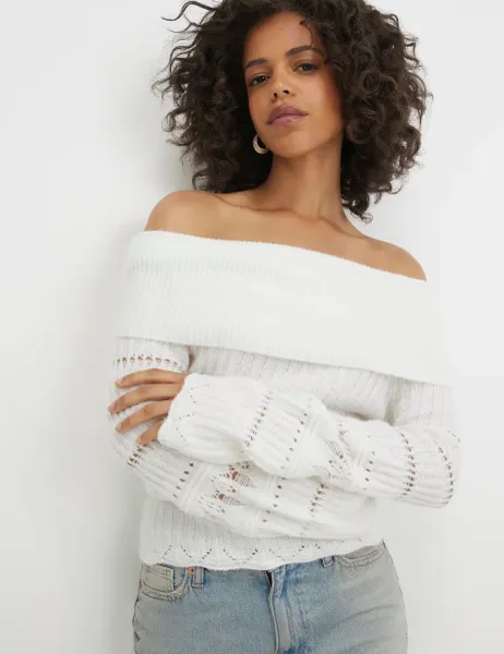 River Island Pointelle Bardot Jumper Cream