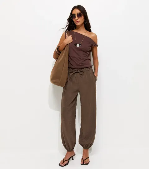 Women's Dark Brown Tapered Cuff Drawstring Trousers