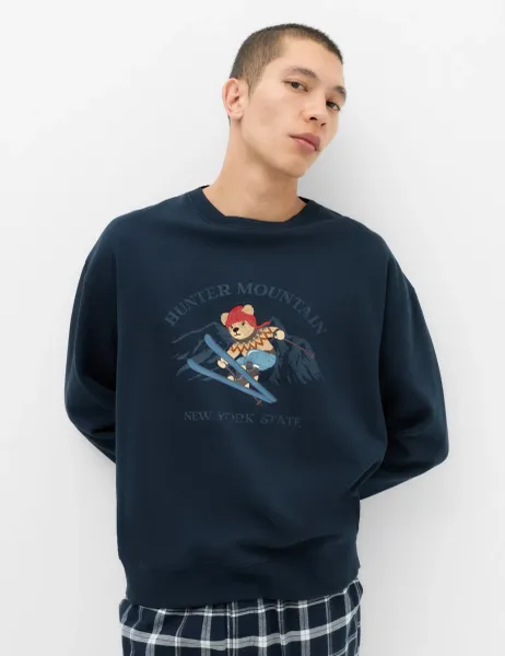 Marks & Spencer Cotton Rich Spencer Bear Loungewear Sweatshirt Navy Mix