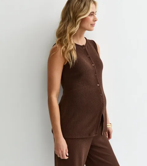 Women's Maternity Brown Textured Button Waistcoat
