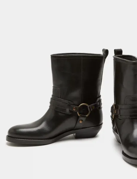 Marks & Spencer Leather Cowboy Block Heel Mid Calf Boots Black