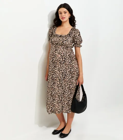 Women's Maternity Brown Animal Print Midi Tea Dress