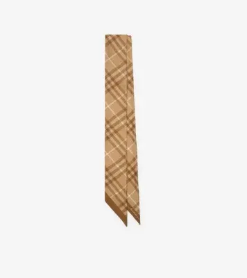 Skinny Contrast Check Silk Scarf in Finch brown/clay orange