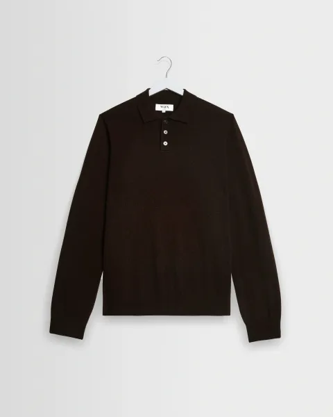 Wax London Lawrie - Dark Brown Long-Sleeve Knitted Polo