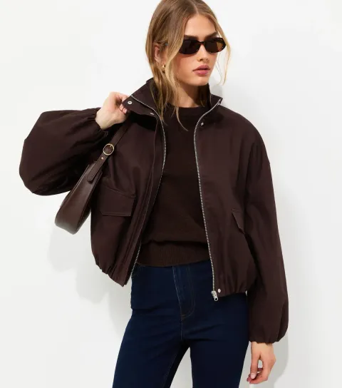 Women's Dark Brown Cotton Funnel Neck Bubble Hem Short Jacket