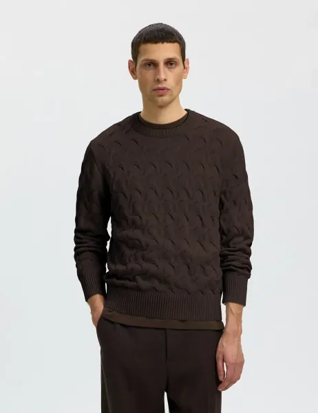 Selected Pure Cotton Cable Crew Neck Jumper Dark Brown