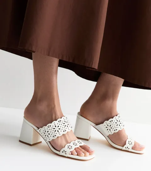Women's Wide Fit White Faux Leather Cut Out Block Heel Mules Vegan