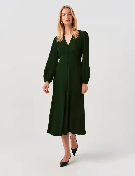 Ghost Crepe V-Neck Midi Waisted Dress Dark Green