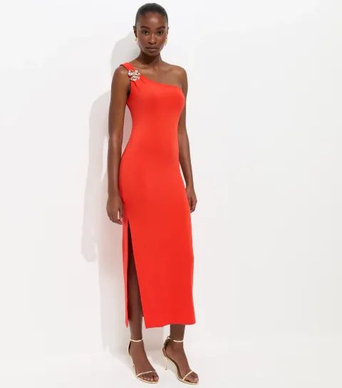 New Look Women's Bright Orange Flower Charm One Shoulder Midi Dress