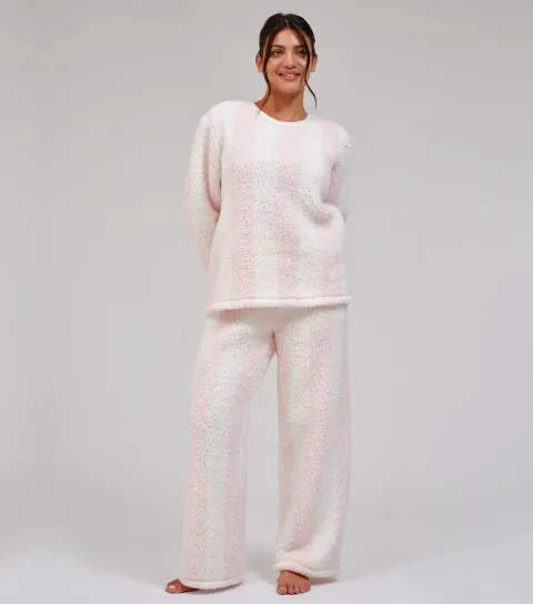 Loungeable Women's Pink Stripe Borg Fleece Jumper