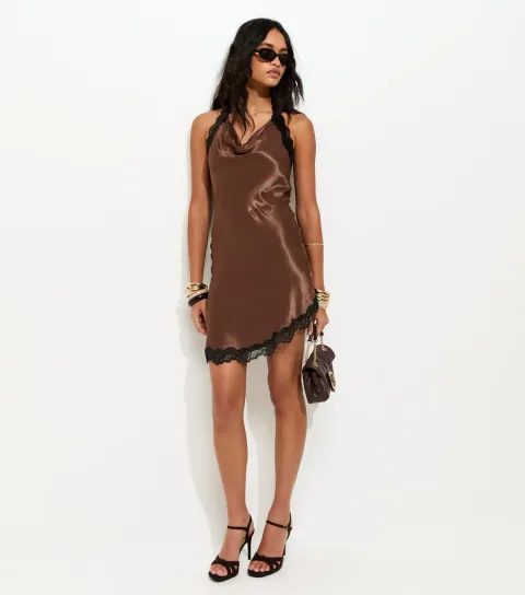 New Look Women's Dark Brown Halter Lace Trim Asymmetric Mini Dress