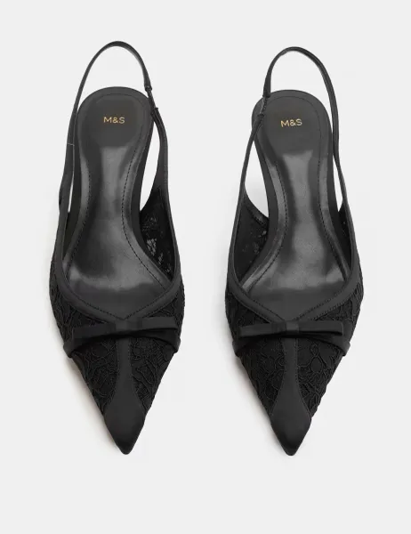 Marks & Spencer Lace Bow Kitten Heel Pointed Toe Slingback Black