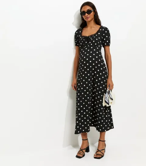 Women's Maternity Black Polka Dot Milkmaid Midi Lace Dress