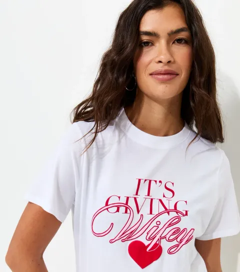Women's White Cotton It's Giving Wifey Logo T-Shirt
