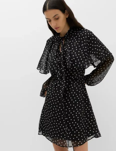 Marks & Spencer Polka Dot Tie Neck Mini Smock Dress Black Mix