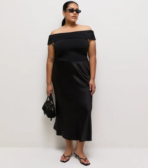 New Look Women's Plus Size Black Satin Bias Cut Midi Skirt Curves