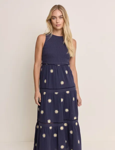 Nobody's Child X Elizabeth Scarlett Pure Cotton Embroidered Midaxi Tiered Dress Blue