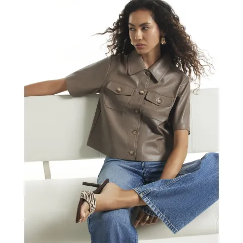 River Island Faux Leather Utility Pocket Front Shirt