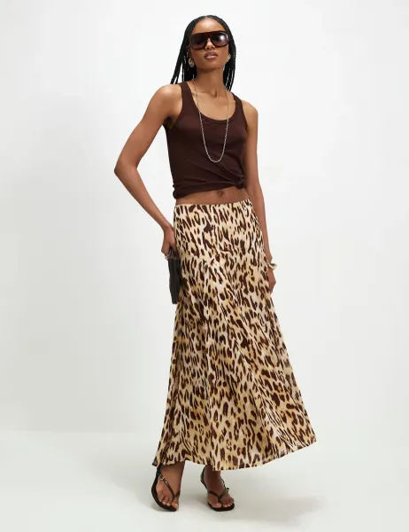 River Island Animal Print Midi A-Line Skirt Brown Mix