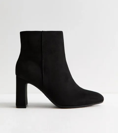 Women's Wide Fit Black Faux Suede High Block Heel Ankle Boots Vegan