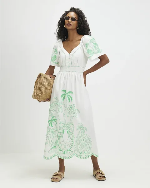 River Island Cotton Palm Embroidered Maxi Dress