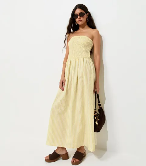 New Look Women's Red Striped Shirred Bandeau Maxi Dress