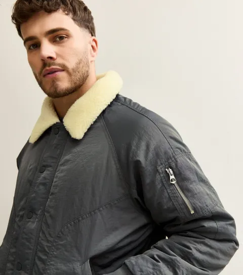 Men's Grey Regular Fit Borg Collar Bomber Jacket