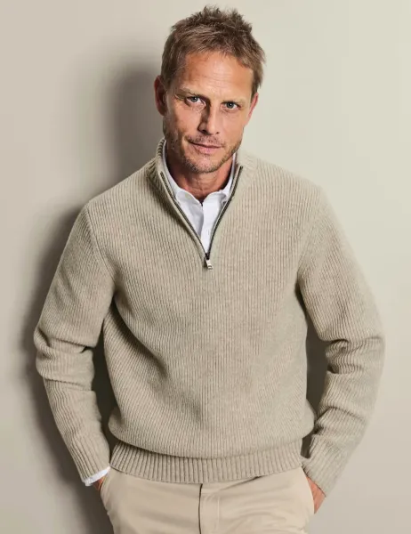 Charles Tyrwhitt Merino Wool Ribbed Zip Up Jumper Oatmeal