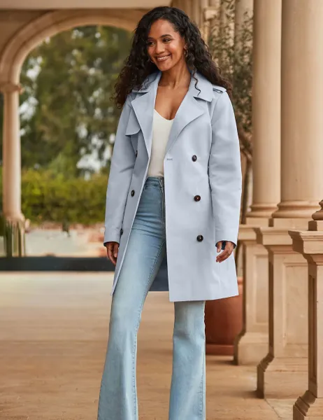 SOSANDAR Belted Double Breasted Longline Trench Coat Blue