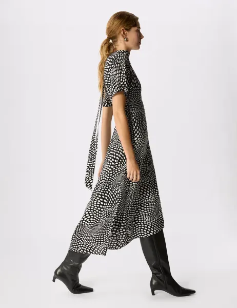 Whistles Polka Dot V-Neck Scarf Neck Midi Column Dress Black Mix