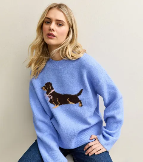 Women's Blue Sausage Dog Design Crew Neck Jumper
