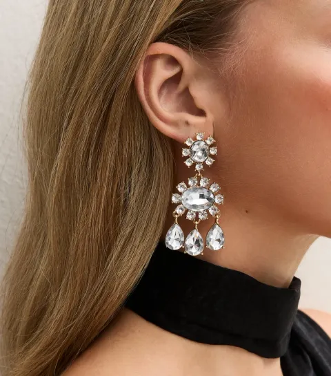 New Look Silver Tone Diamante Statement Drop Earrings