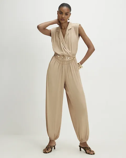 River Island Satin Shoulder Pad Balloon Leg Jumpsuit