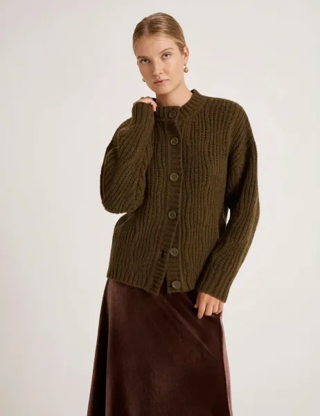 Finery London Ribbed Crew Neck Button Front Cardigan Khaki