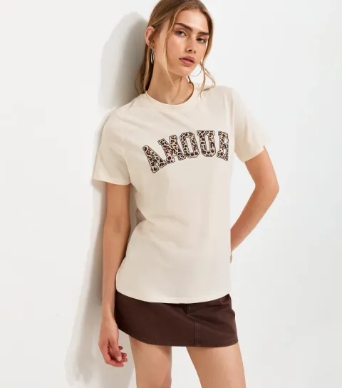 Women's Off White Cotton Leopard Print Amour Logo T-Shirt