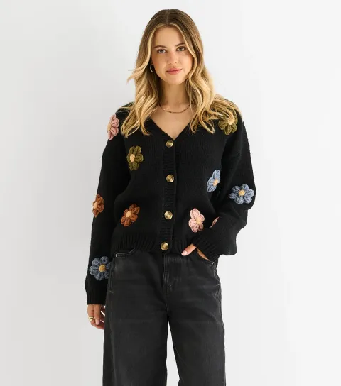 Women's Black Contrast Floral Applique Cardigan