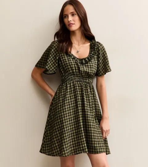 Women's Green Checked Ruffle Trimmed Mini Dress