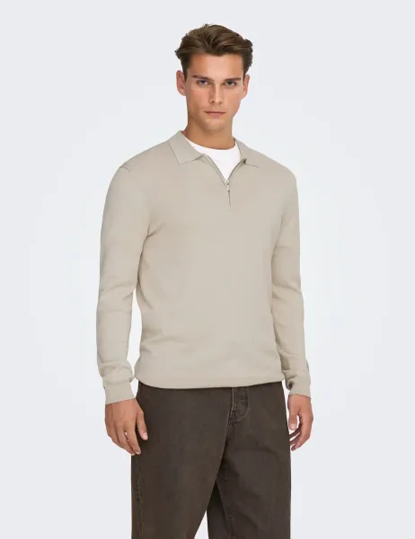 Only & Sons Half Zip Knitted Polo Shirt Beige