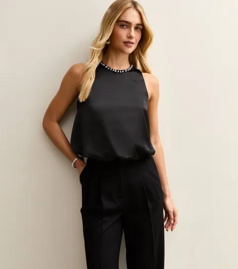 Women's Black Satin Bubble Hem Top