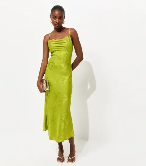 Women's Light Green Lace Trim Floral Jacquard Strappy Midi Dress