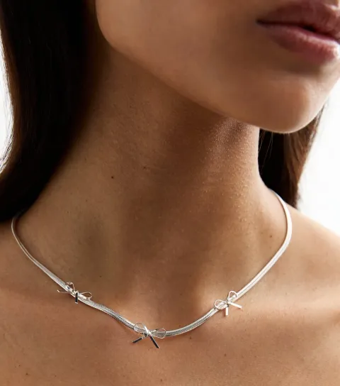 New Look Silver Tone Bow Snake Chain Necklace