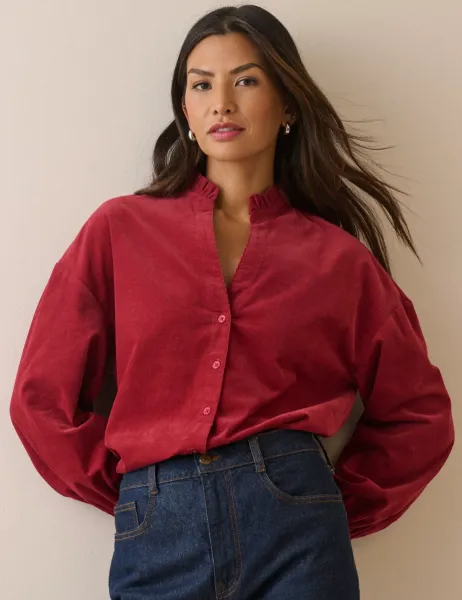 Nobody's Child Pure Cotton Cord Frill Neck Blouse Red