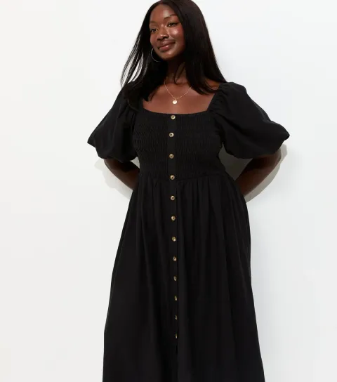 New Look Women's Plus Size Black Button Front Milkmaid Midi Dress Curves